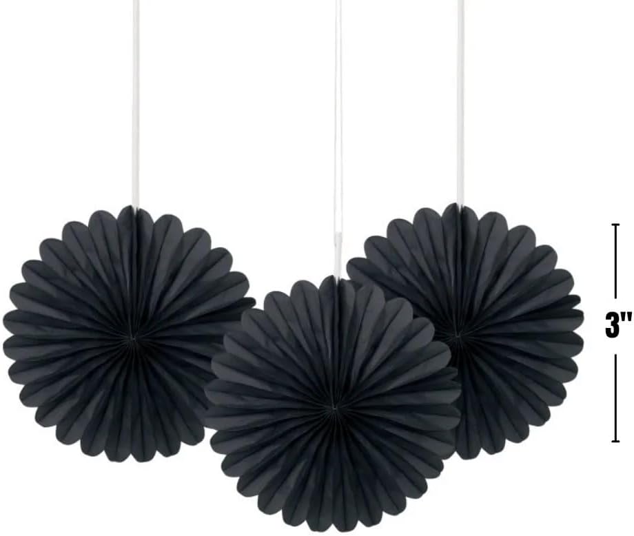 Solid Black Hanging Tissue Paper Fans 6 Inch 3 Pack