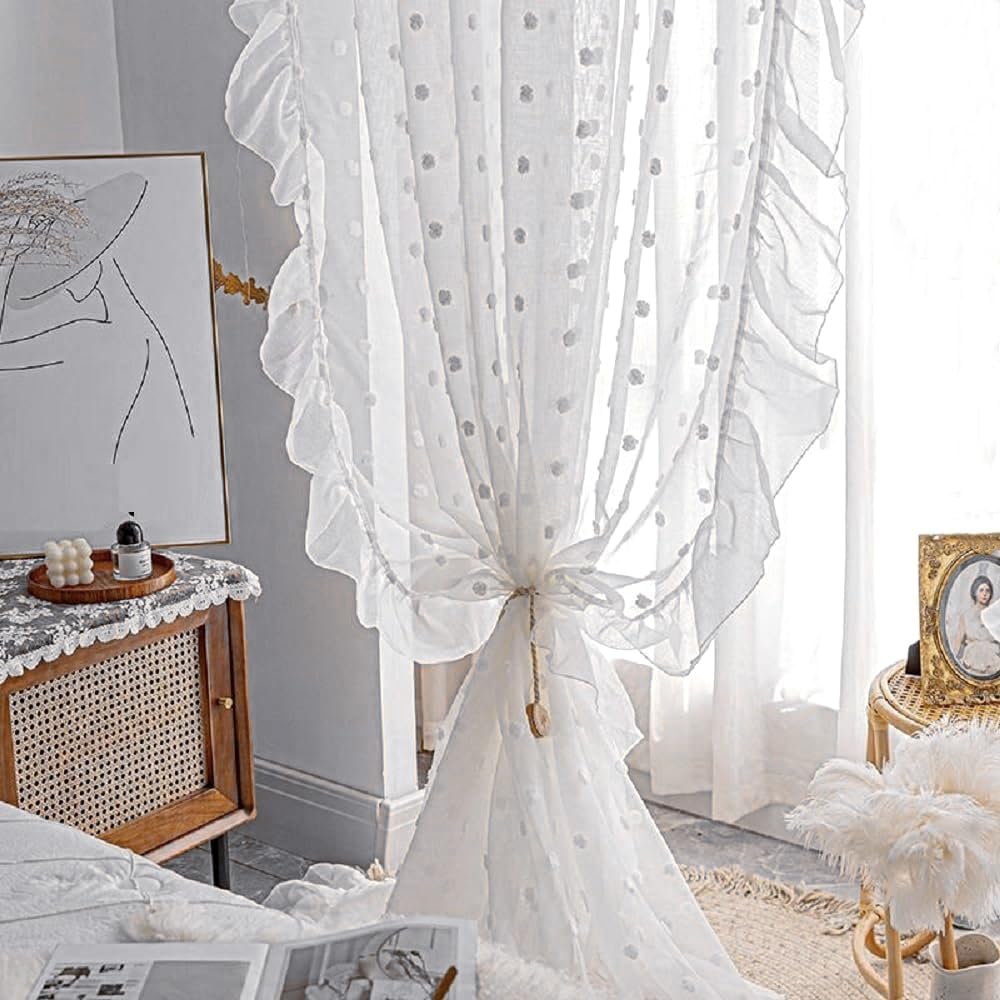 Gxi White Sheer Pompom Curtains for Large Bay Windows 1 Panel