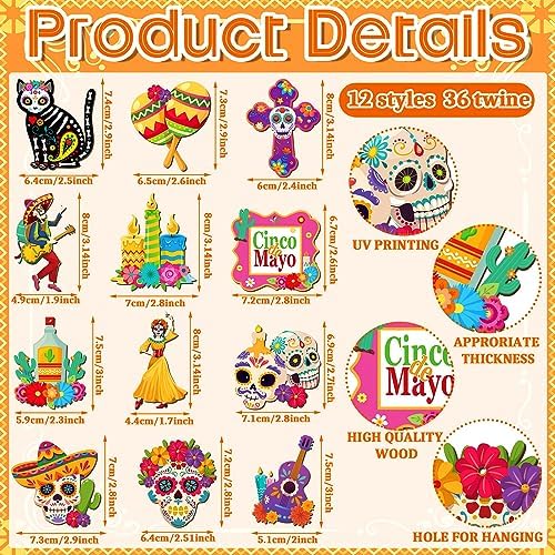 Soaoo 36 Pcs Day of the Dead Wooden Ornaments