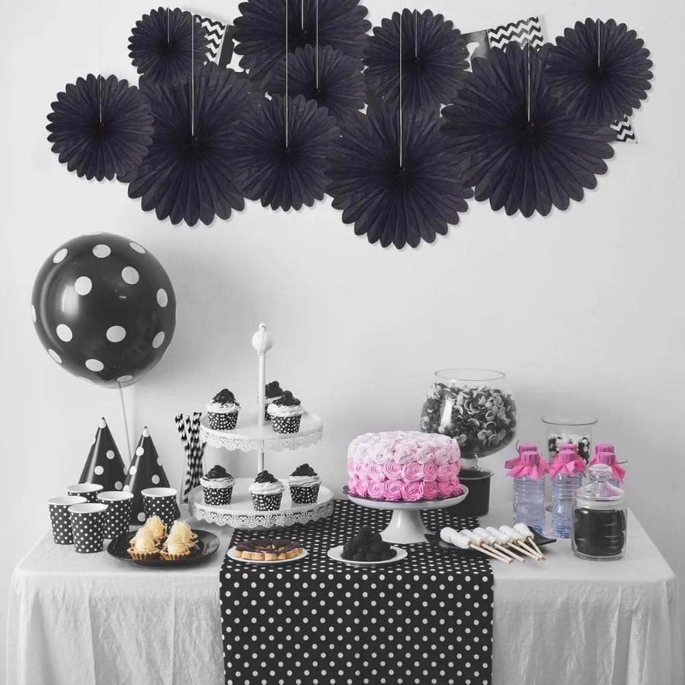Solid Black Hanging Tissue Paper Fans 6 Inch 3 Pack