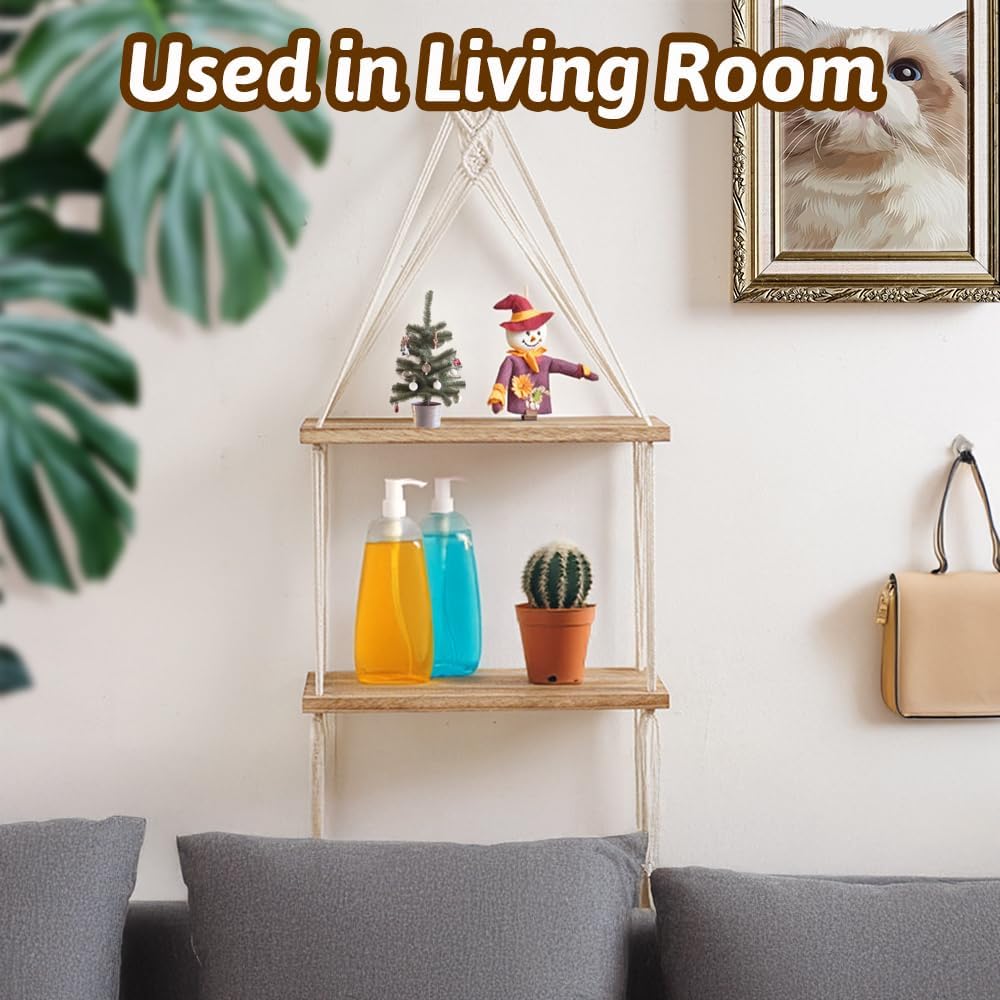 WATUNID Macrame Wall Hanging Shelves 2 Tier Boho Decor