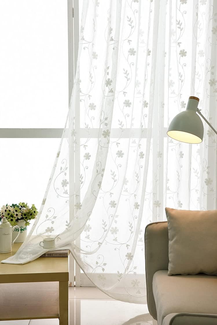Semi Sheer Curtains with White Flowers 2 Panels