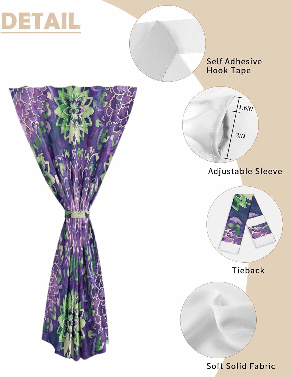 Purple Floral Self Adhesive Portable Curtains for Windows