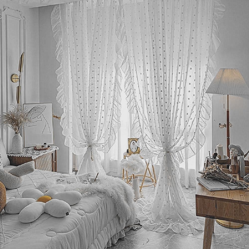 Gxi White Sheer Pompom Curtains for Large Bay Windows 1 Panel