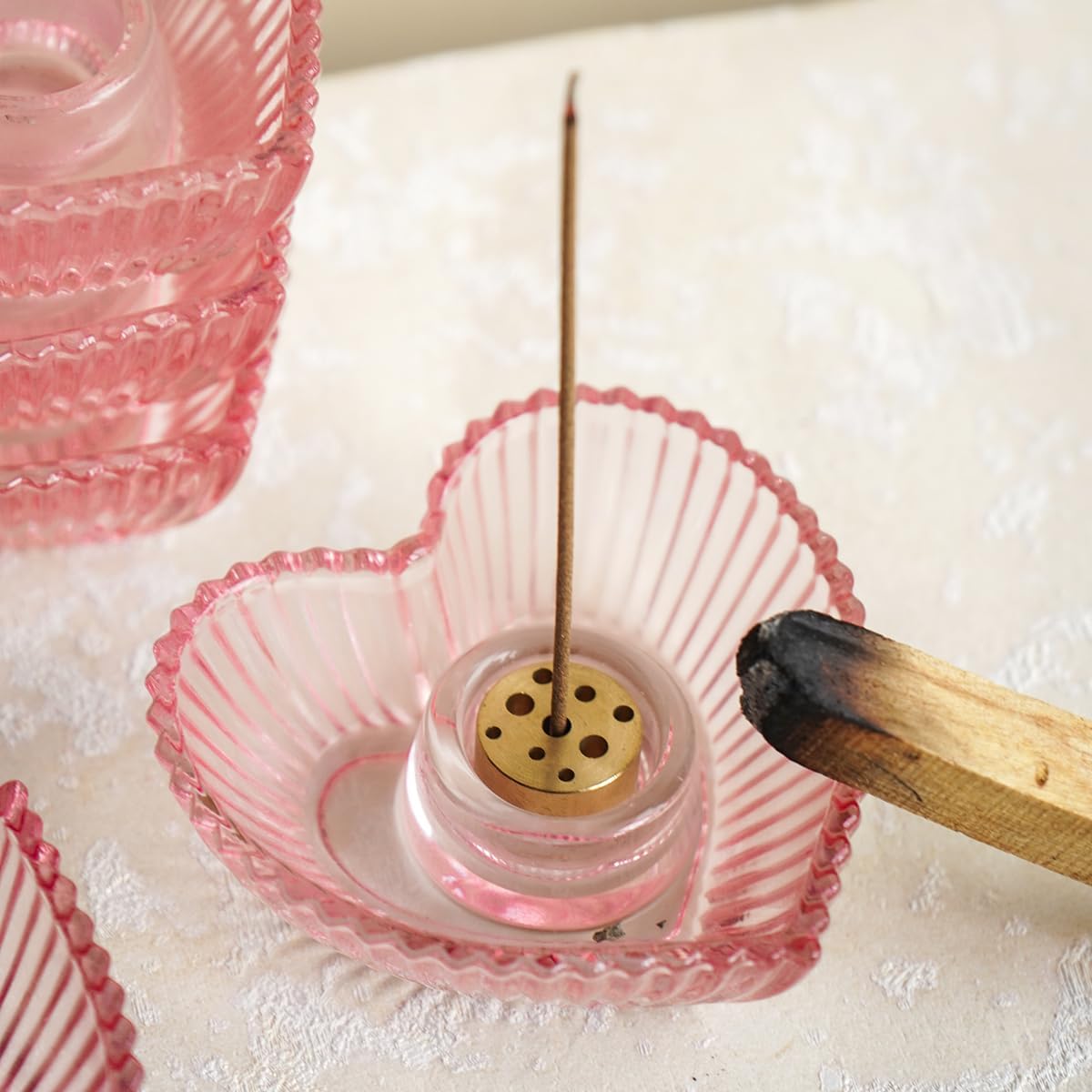 Kanpura Glass Heart Incense Holder Set of 2