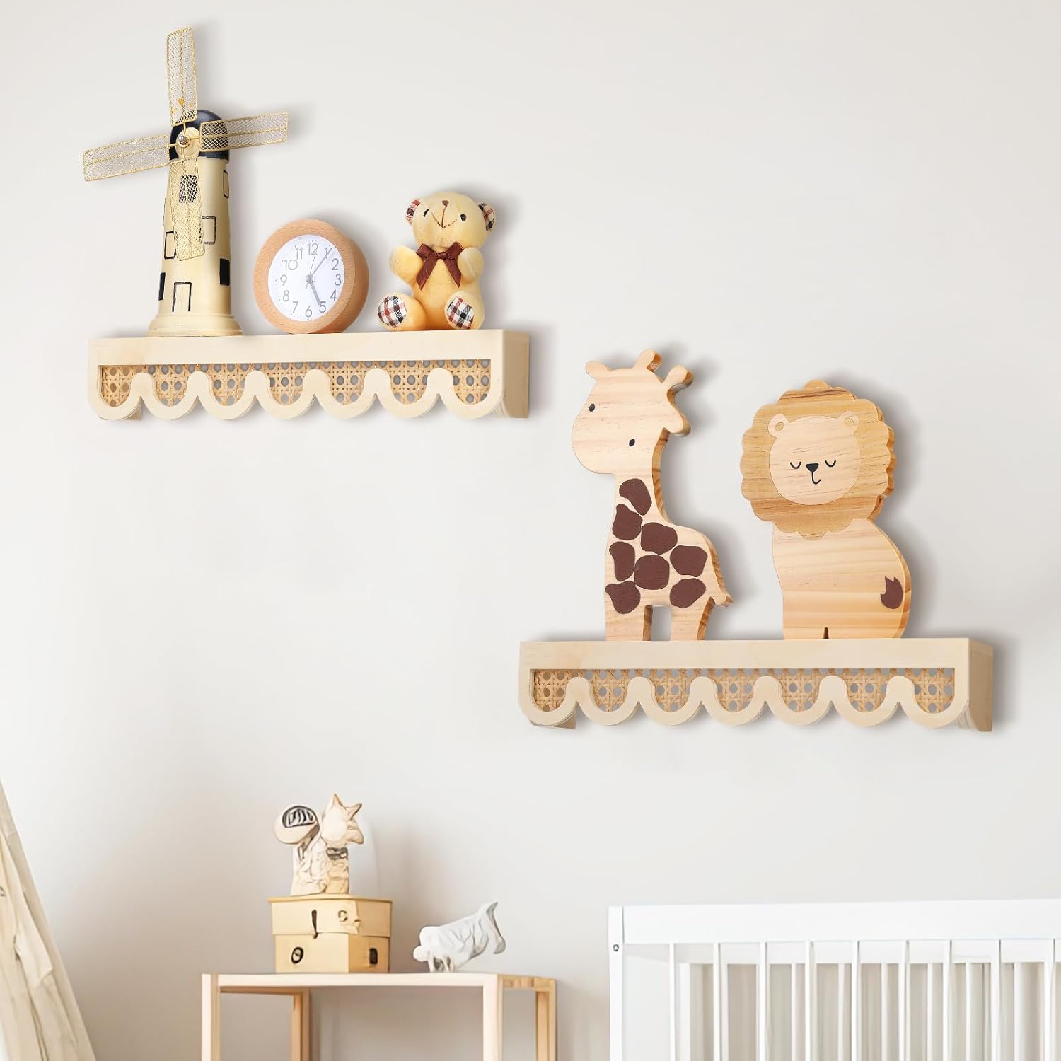 Pinkunn 2 Pcs Scalloped Rattan Wall Shelf for Nursery