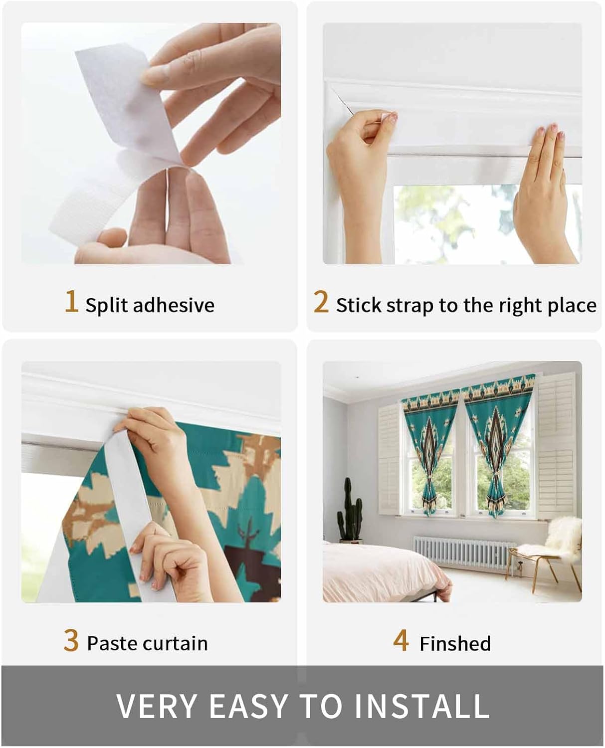 Green Southwestern Self Adhesive Blackout Curtains for Windows