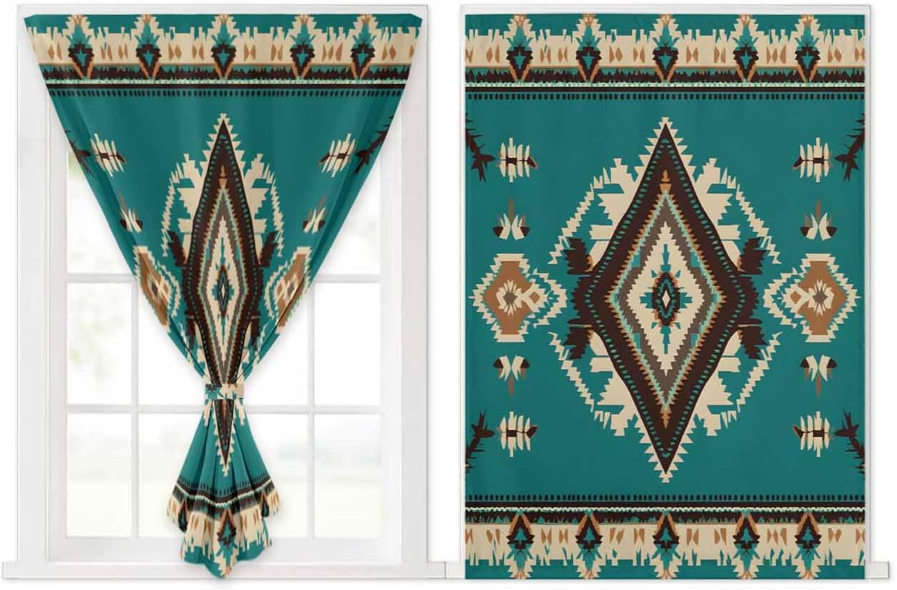 Green Southwestern Self Adhesive Blackout Curtains for Windows