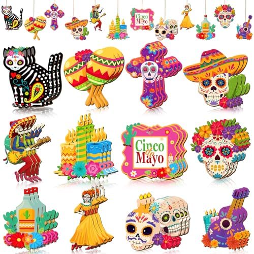 Soaoo 36 Pcs Day of the Dead Wooden Ornaments