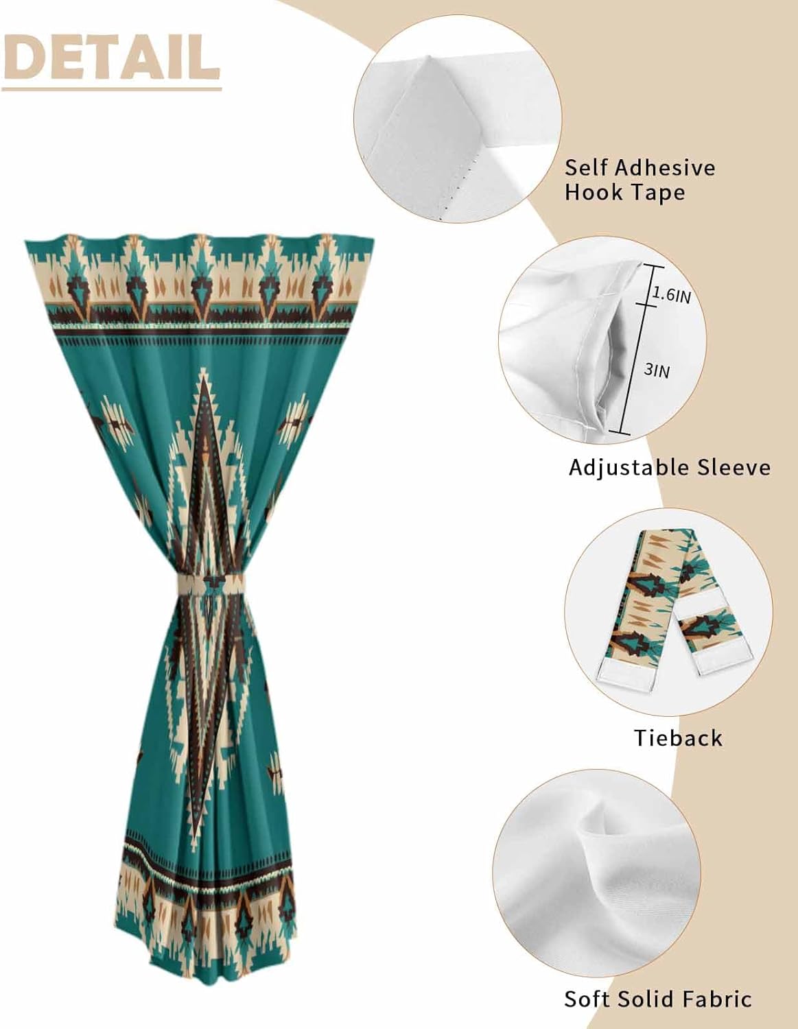 Green Southwestern Self Adhesive Blackout Curtains for Windows