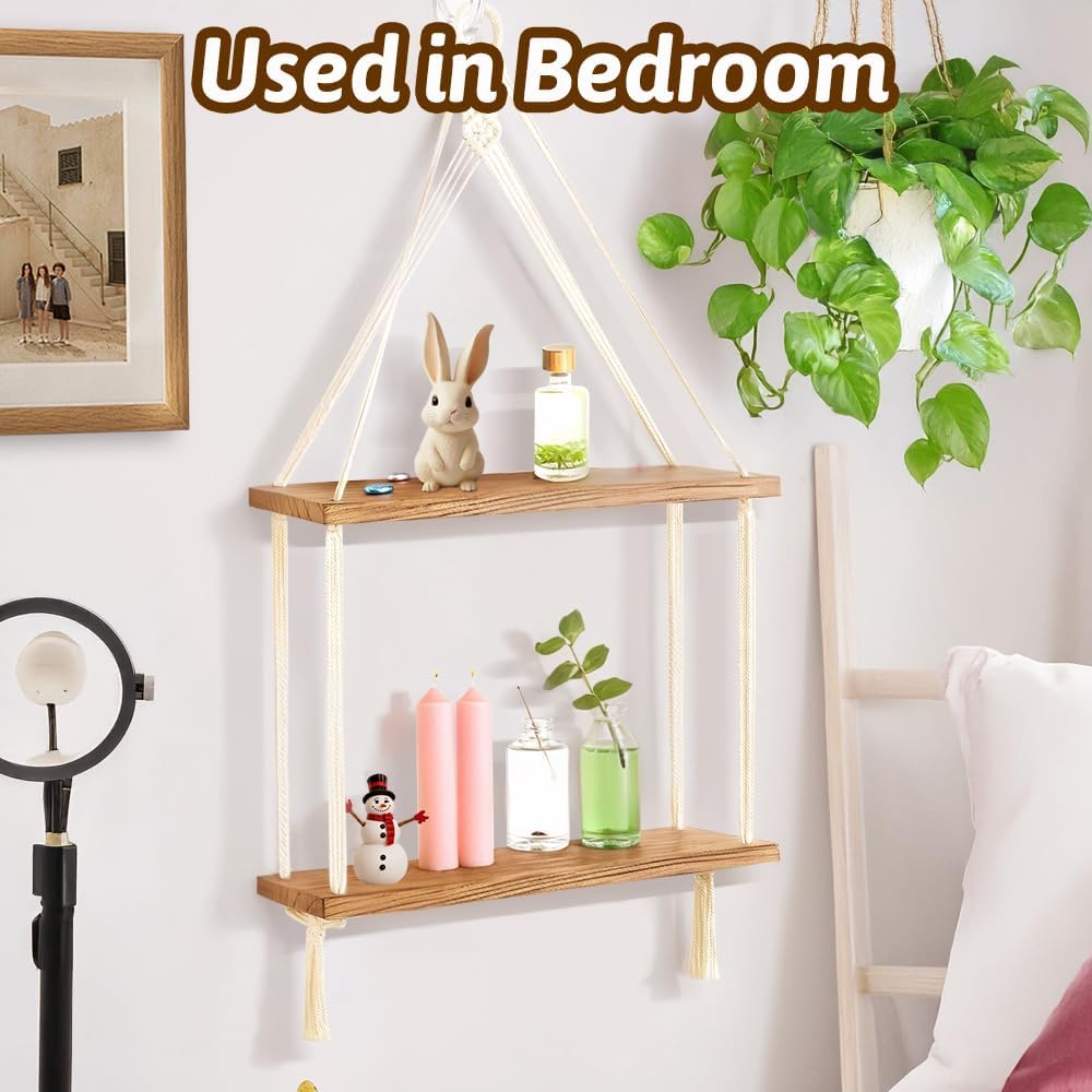 WATUNID Macrame Wall Hanging Shelves 2 Tier Boho Decor