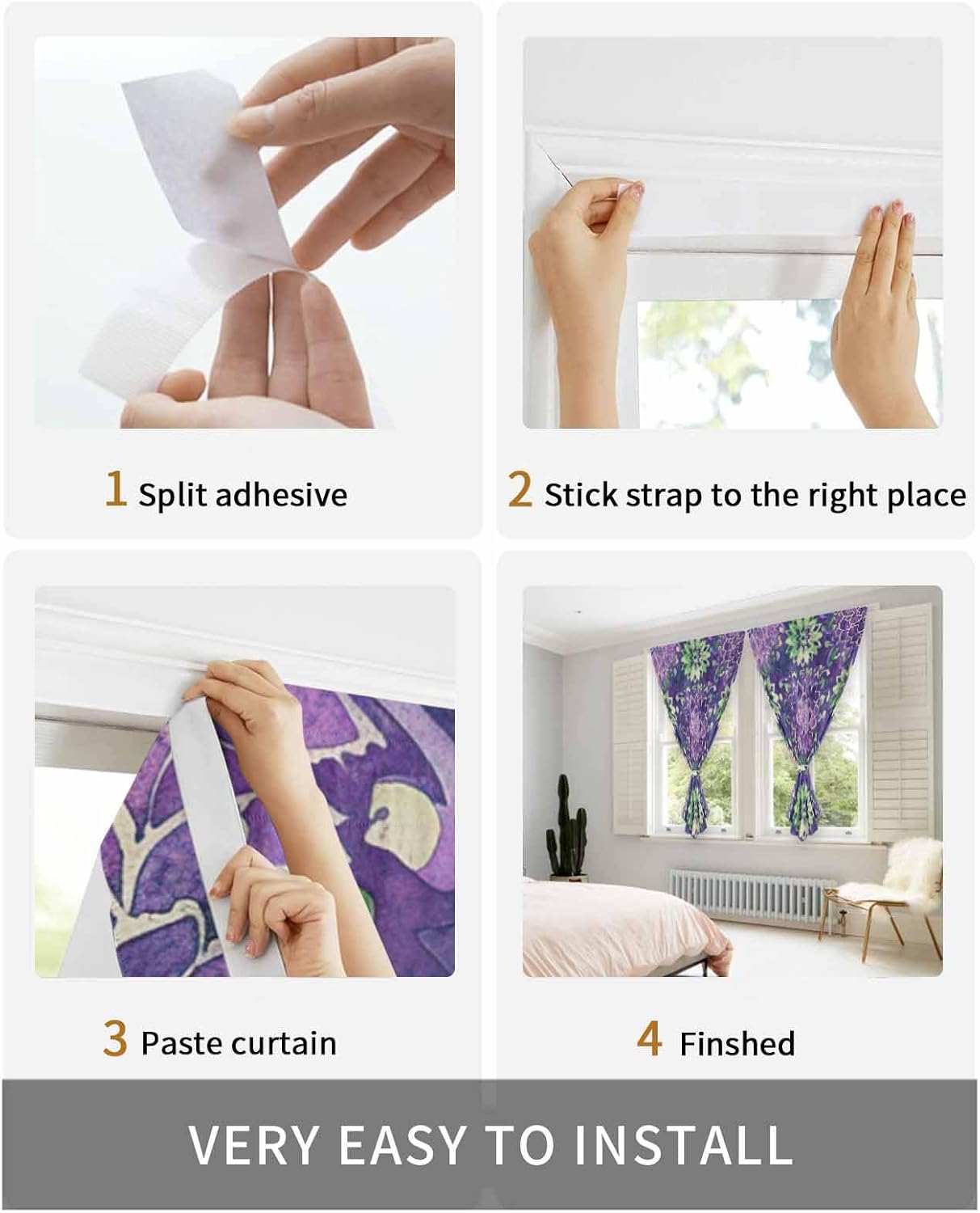 Purple Floral Self Adhesive Portable Curtains for Windows