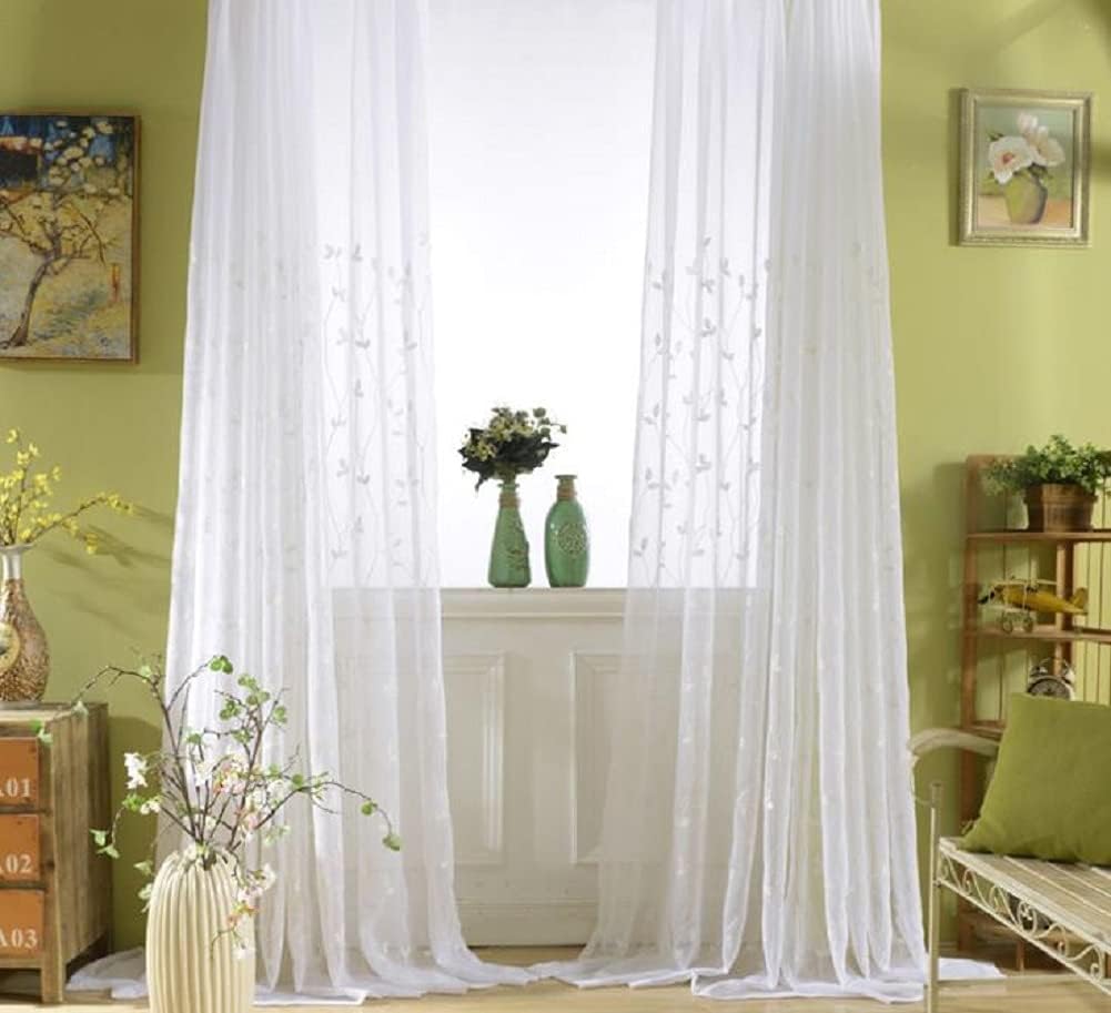 Iuokuby Rustic Style Sheer Curtains with Embroidered Leaves Floral 2 Panels White