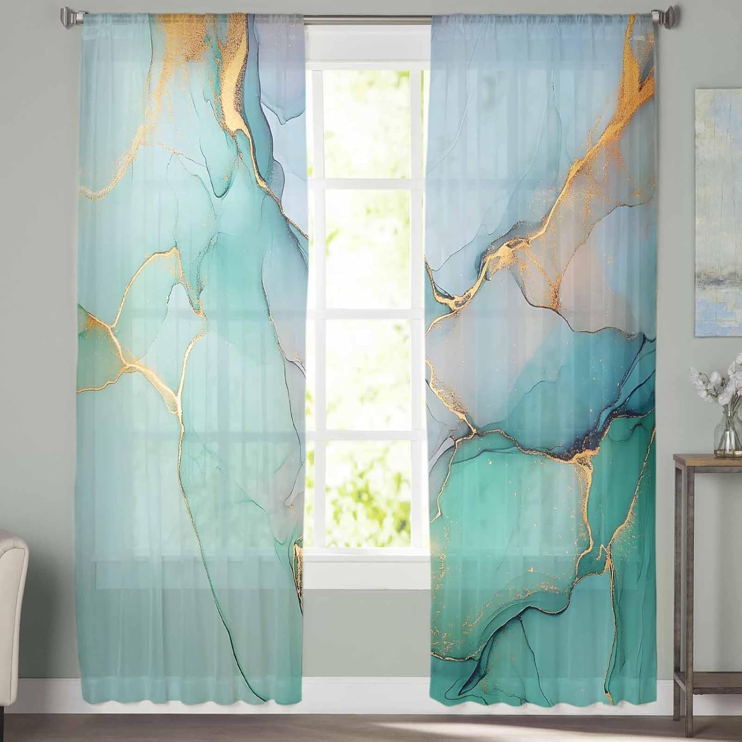 Marble Blue Green Sheer Curtains 84 Inch 2 Panels Set