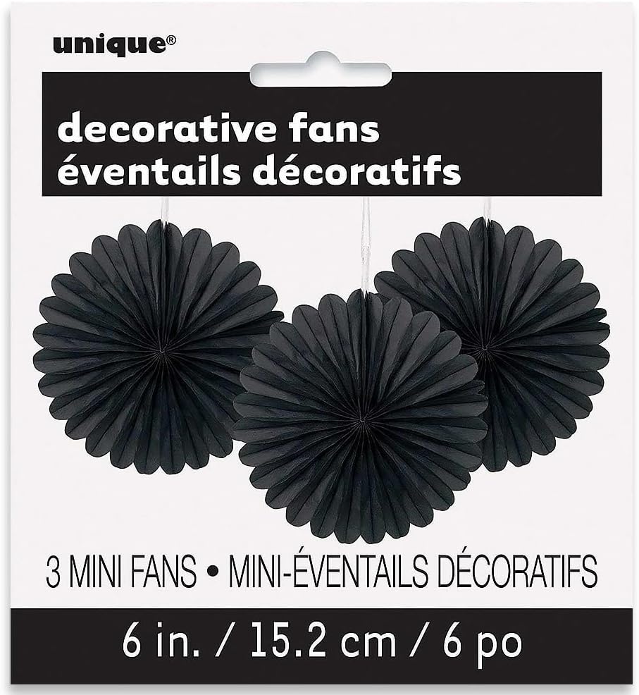 Solid Black Hanging Tissue Paper Fans 6 Inch 3 Pack