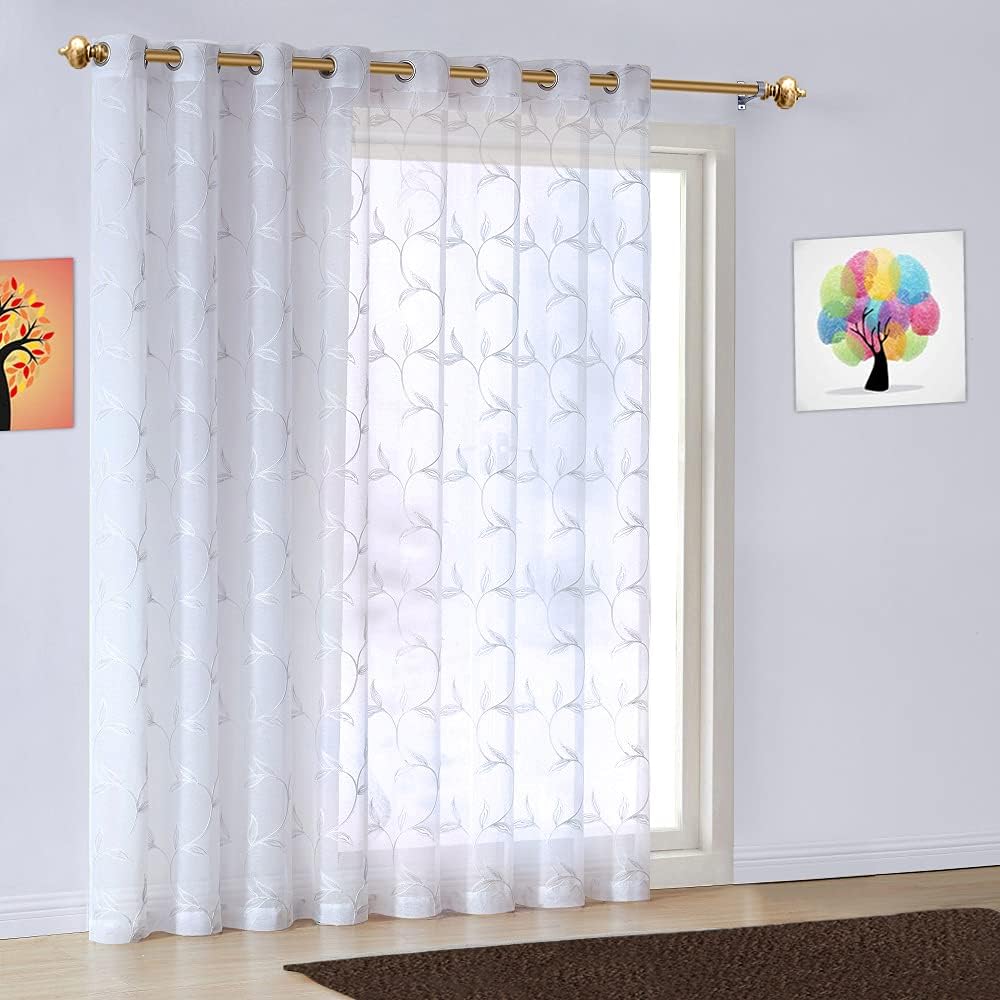 Warm Home Designs Sheer White Faux-Linen Curtain Panel with Silver Leaf Embroidery