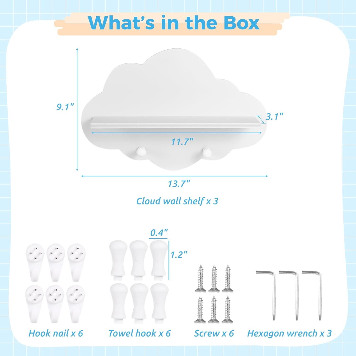 3PCS Wavy Cloud Wall Shelves White Kawaii Design