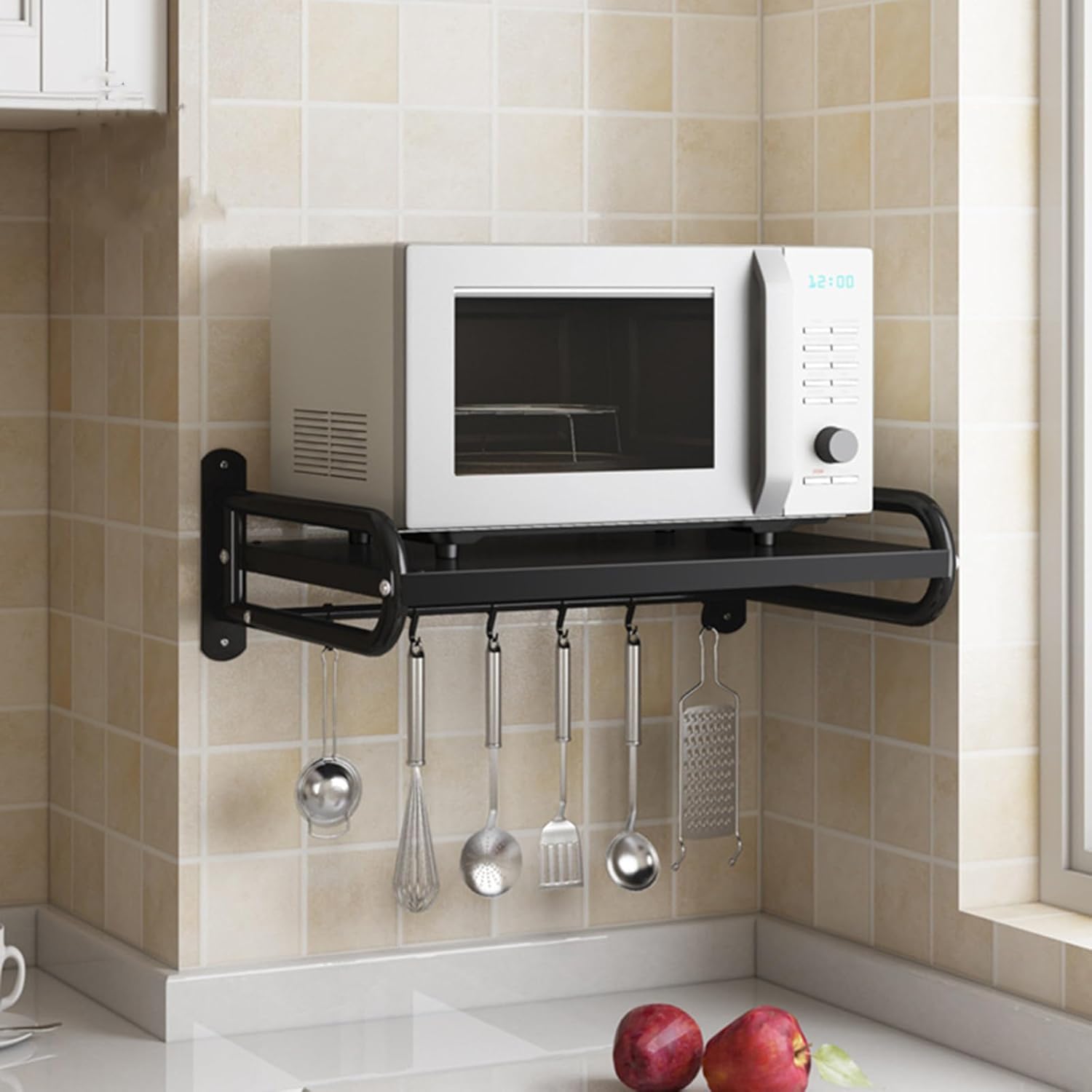 Wall Mount Microwave Oven Shelf with 6 Hooks Black
