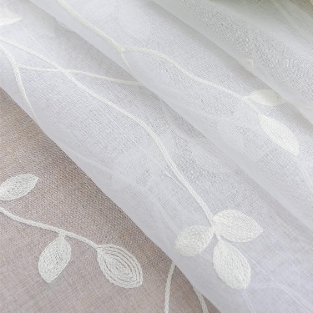 Iuokuby Rustic Style Sheer Curtains with Embroidered Leaves Floral 2 Panels White