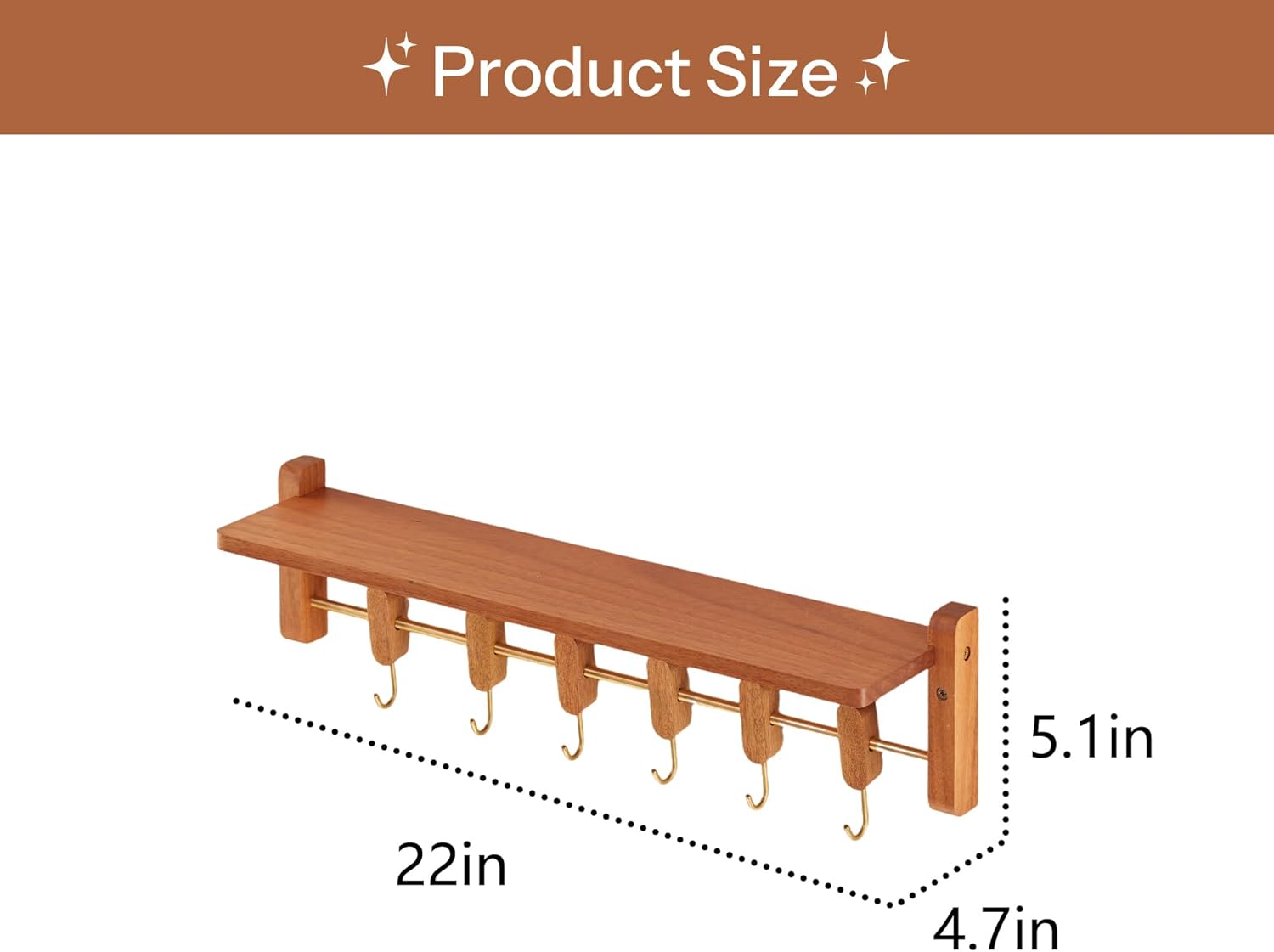 Floating Wall Shelf with 6 Hooks for Home Storage