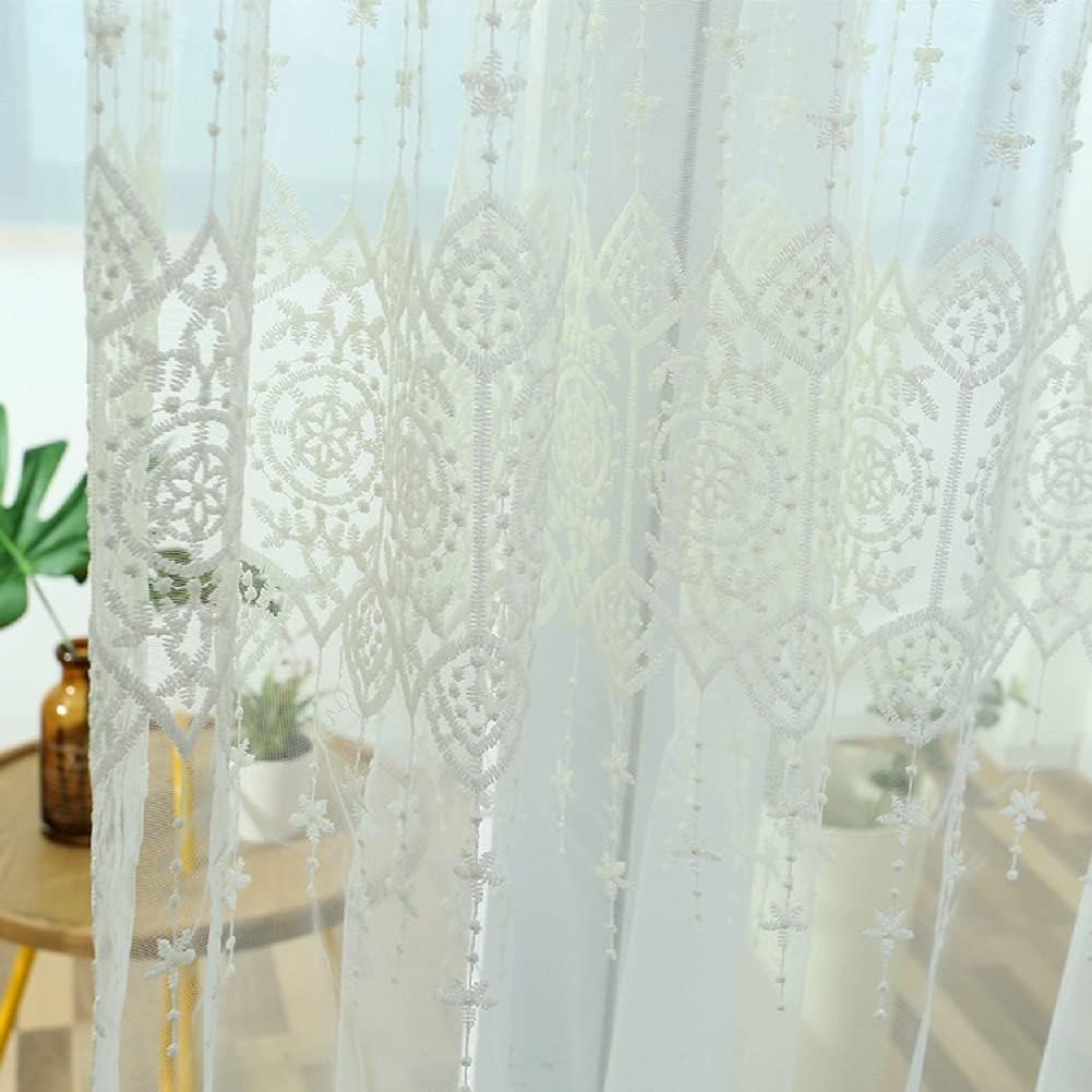 Iuokuby White Semi Line Sheer Curtains 2 Panels