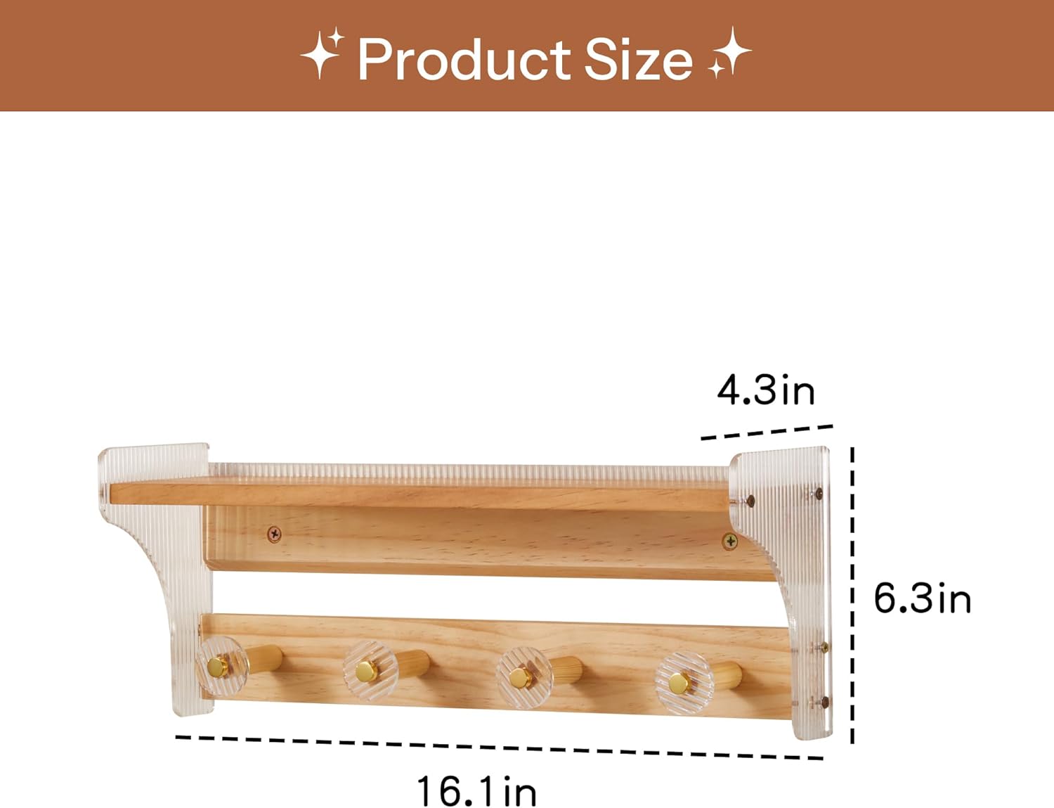 Floating Wall Shelves with Hooks 16 Inch Solid Wood