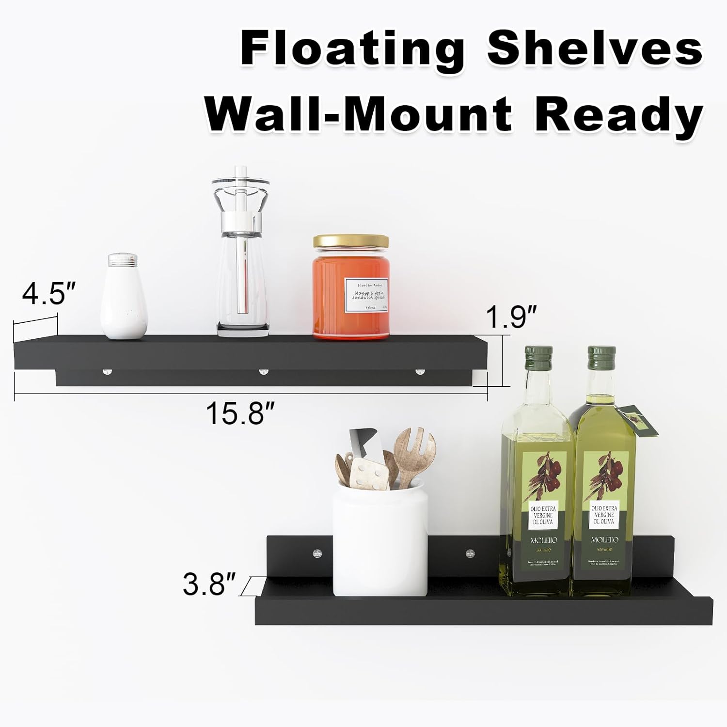 Sholramo Wall Floating Shelves Set of 2 Modern Black Storage Display