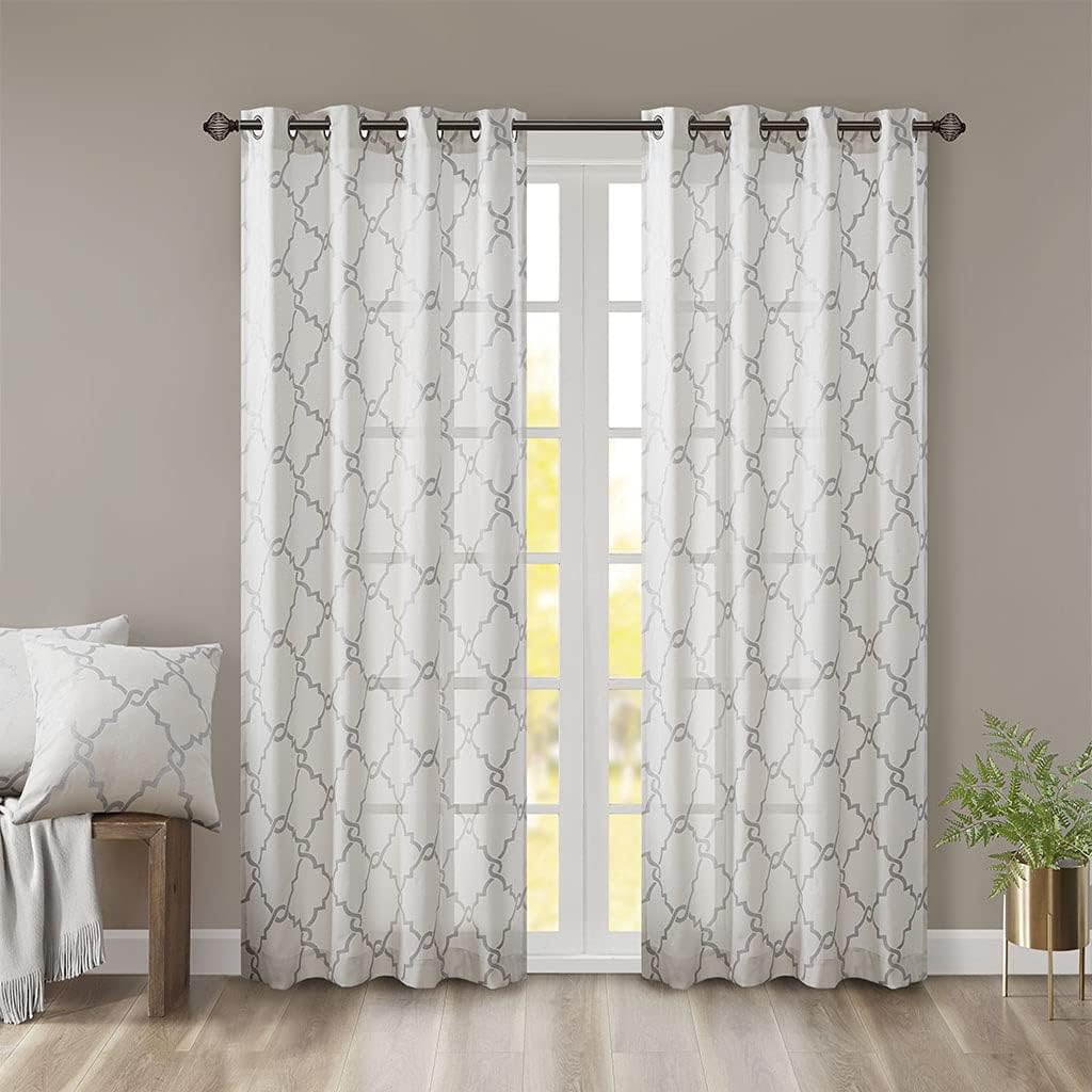 Fretwork Print Grommet Top Curtain Panel Ivory and Grey 50x108 Inches