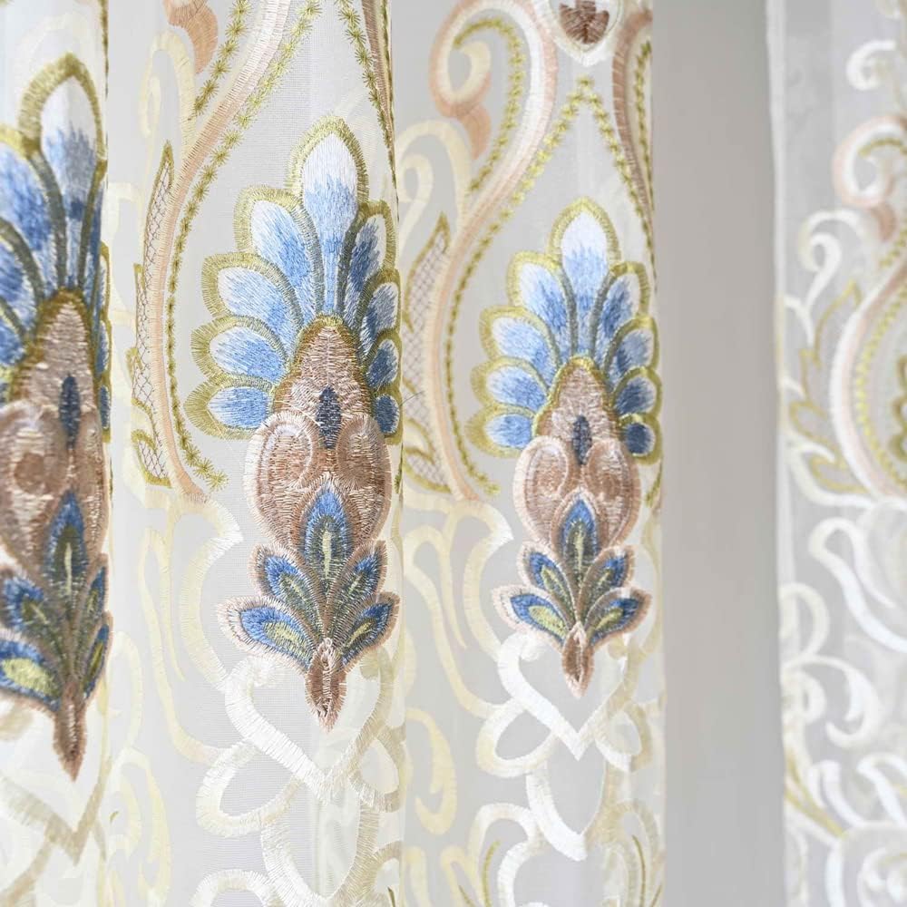 Elegant Floral Embroidered Sheer Curtains 2 Panels W80 X L96 Inch Grommet