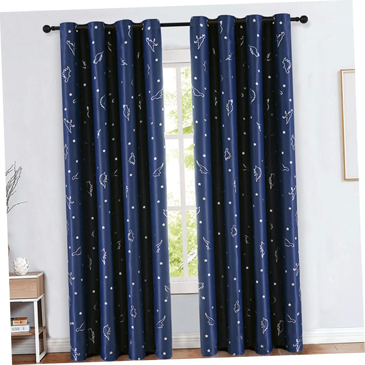 1 Pair Adorable Dinosaur Printed Curtains for Home Navy Blue