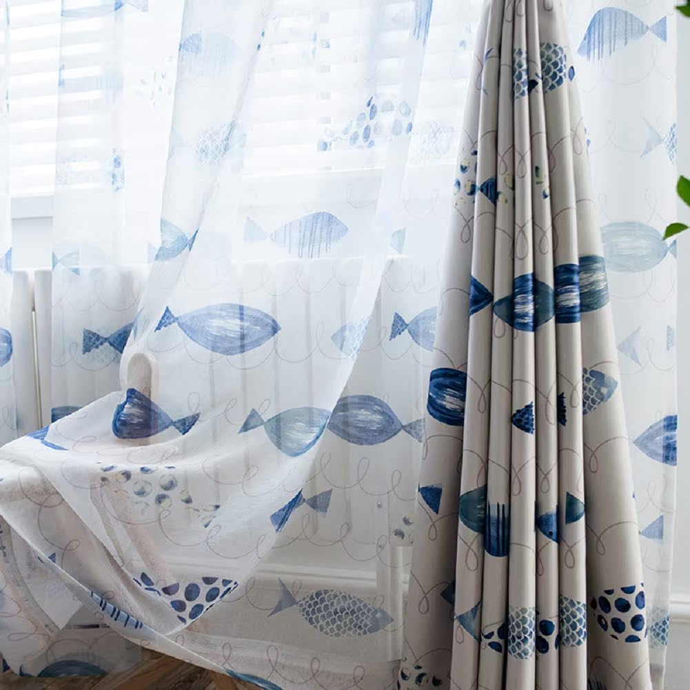 Iuokuby Cartoon Ocean Fish Embroidery Curtains Panel White 100x102 inch