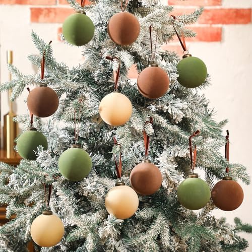 30Pcs Velvet Christmas Balls in Green Brown and Beige
