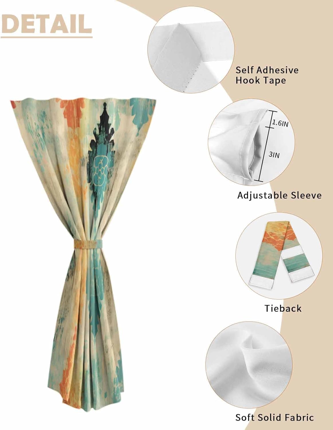 Yomandocix Orange Teal Red Self Adhesive Curtains 59x84 Inches
