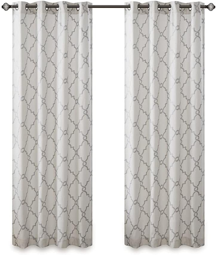 Fretwork Print Grommet Top Curtain Panel Ivory and Grey 50x108 Inches