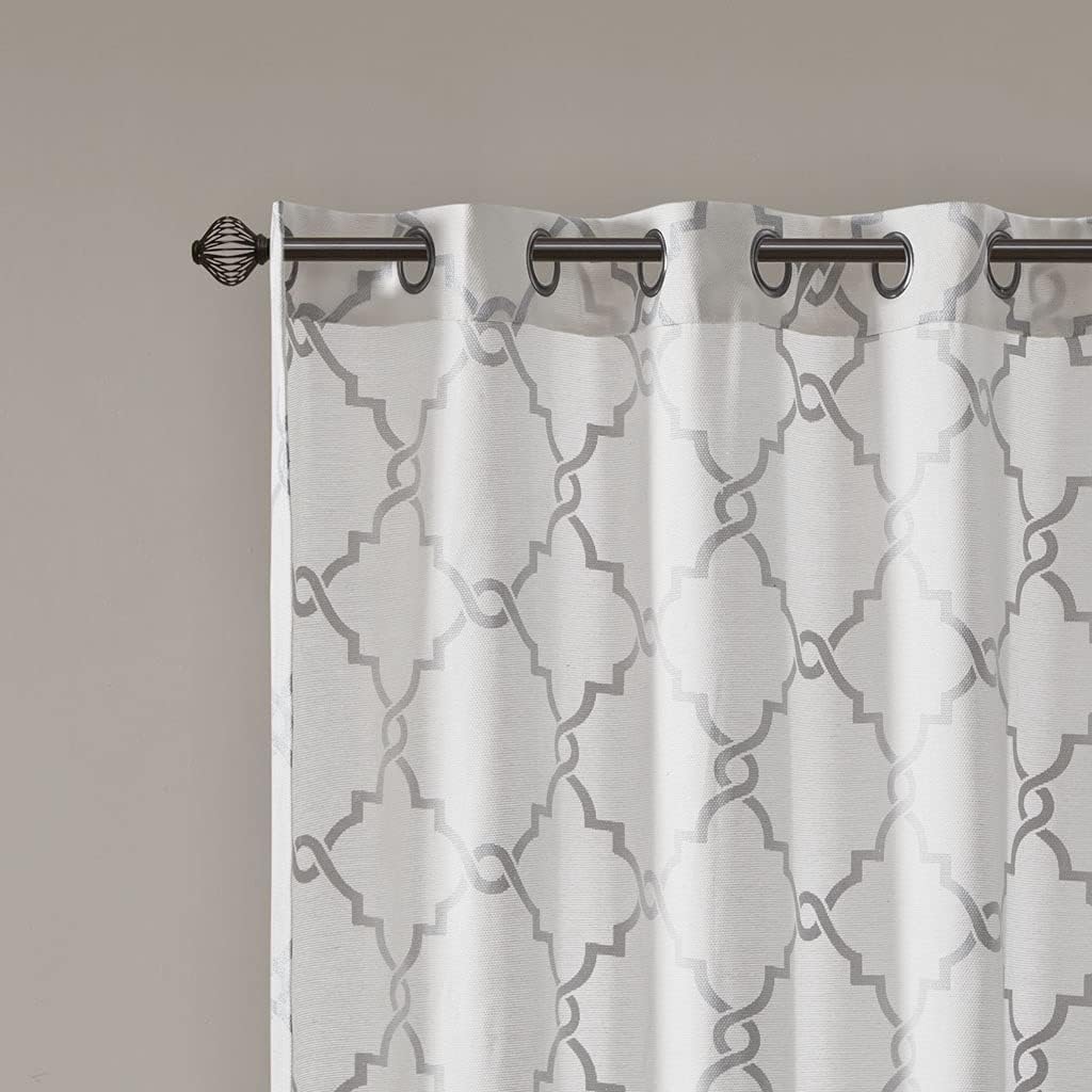Fretwork Print Grommet Top Curtain Panel Ivory and Grey 50x108 Inches