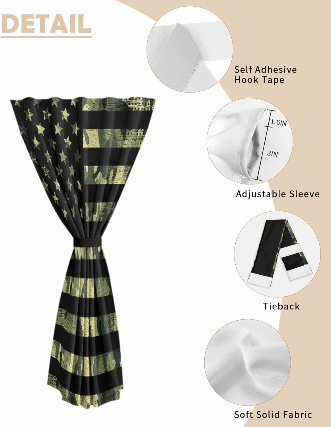 Green American Flag Self Adhesive Blackout Curtains for Windows