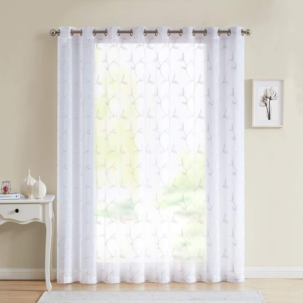 Warm Home Designs Sheer White Faux-Linen Curtain Panel with Silver Leaf Embroidery
