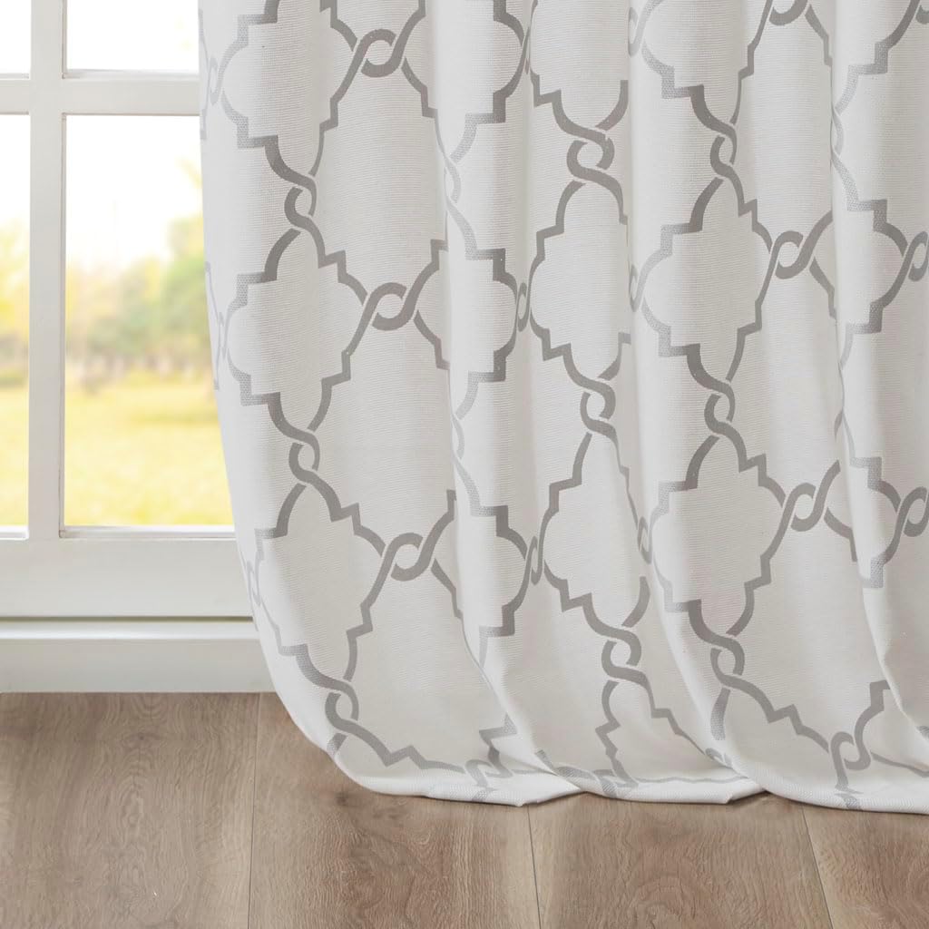 Fretwork Print Grommet Top Curtain Panel Ivory and Grey 50x108 Inches