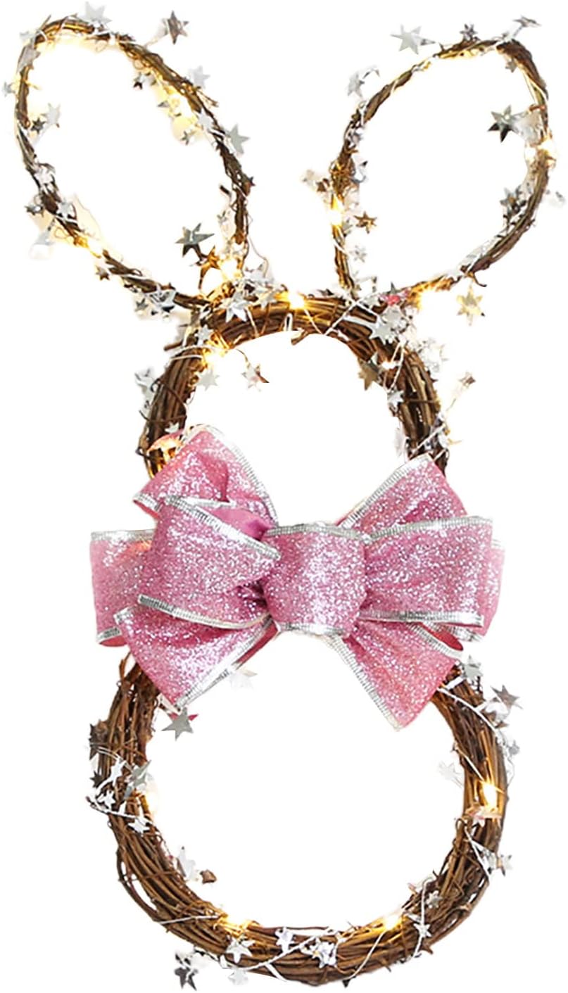 Foldable Rattan Rabbit Wreath Hanger with LED Light