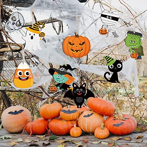 24 Pcs Halloween Wood Tree Ornaments with Rope