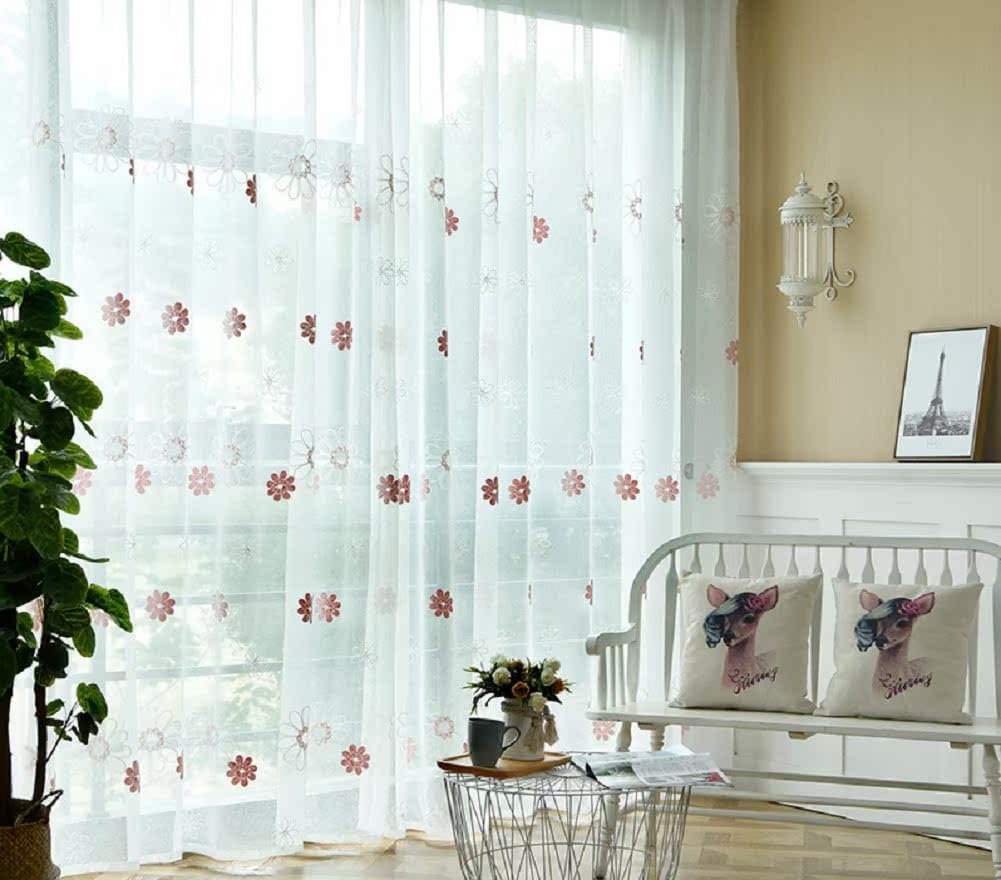 Small Flower Embroidery Sheer Curtains 2 Panels Pink Rod Pocket