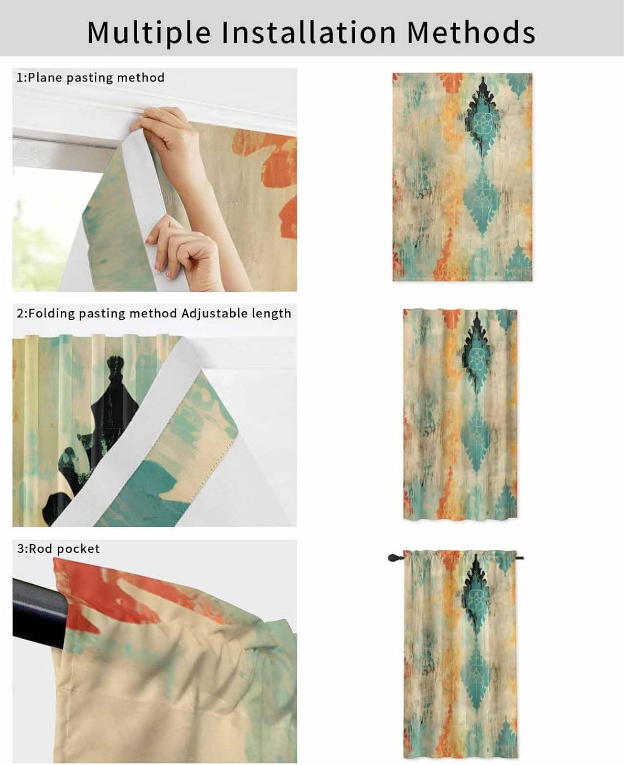 Yomandocix Orange Teal Red Self Adhesive Curtains 59x84 Inches
