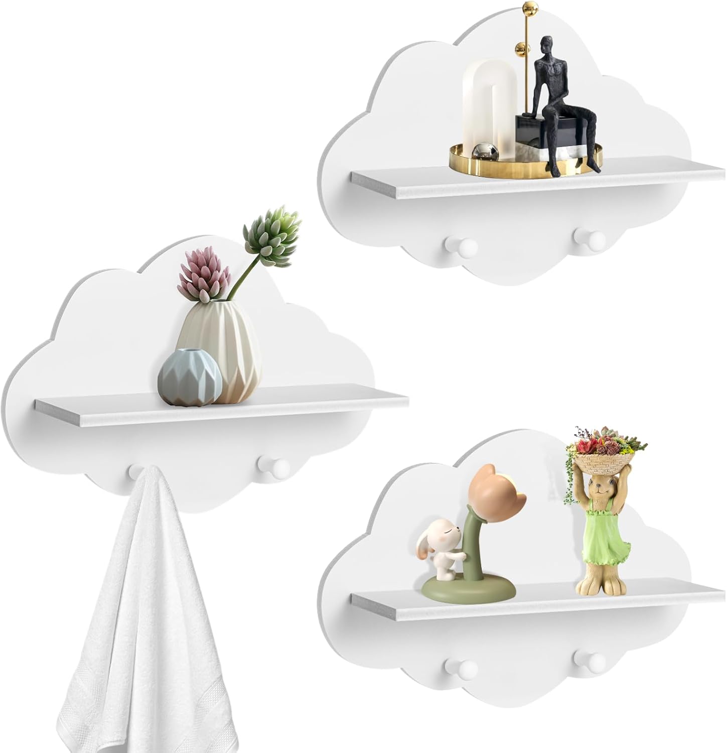 3PCS Wavy Cloud Wall Shelves White Kawaii Design
