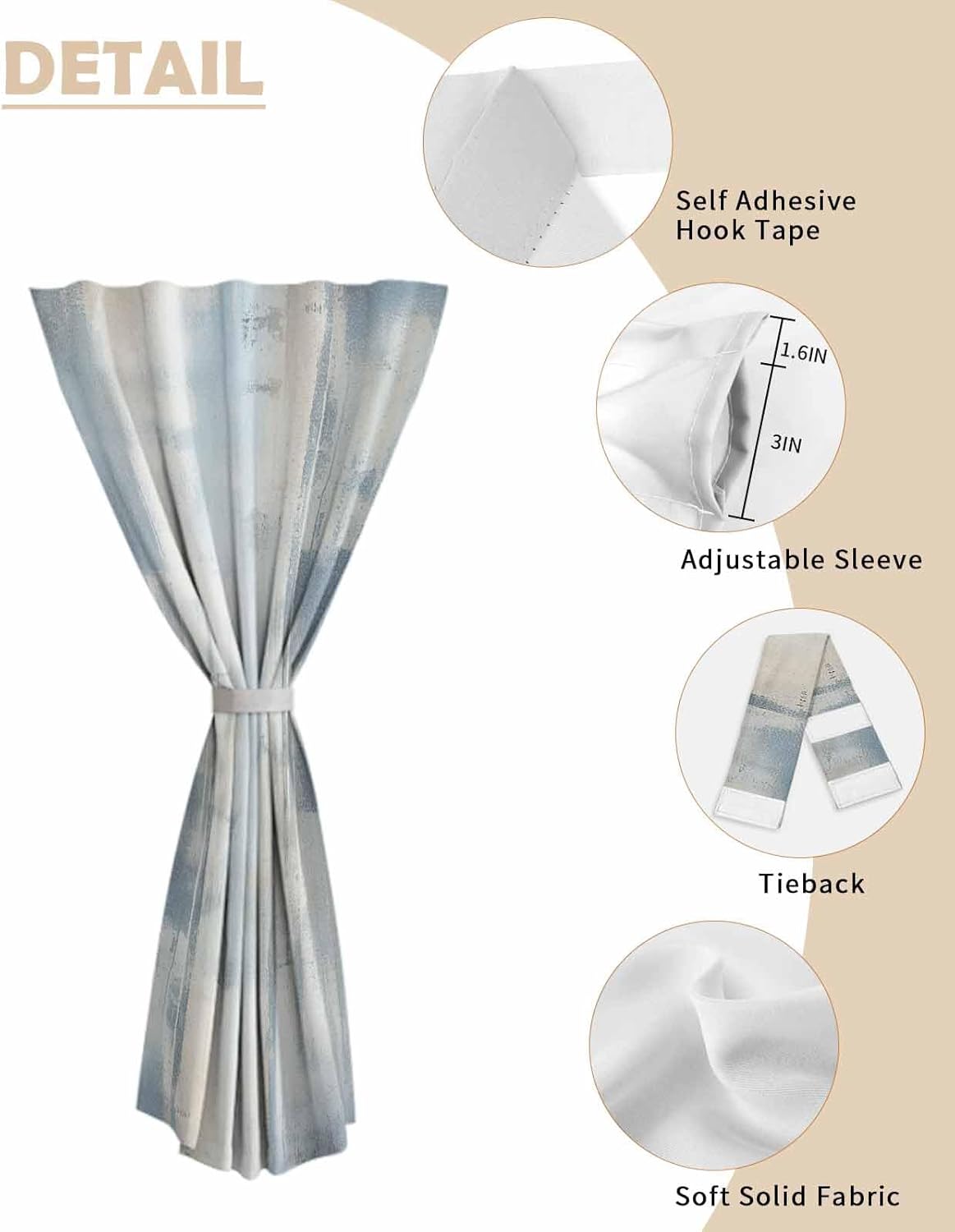 Yomandocix Blue Beige Self Adhesive Portable Curtains for Windows