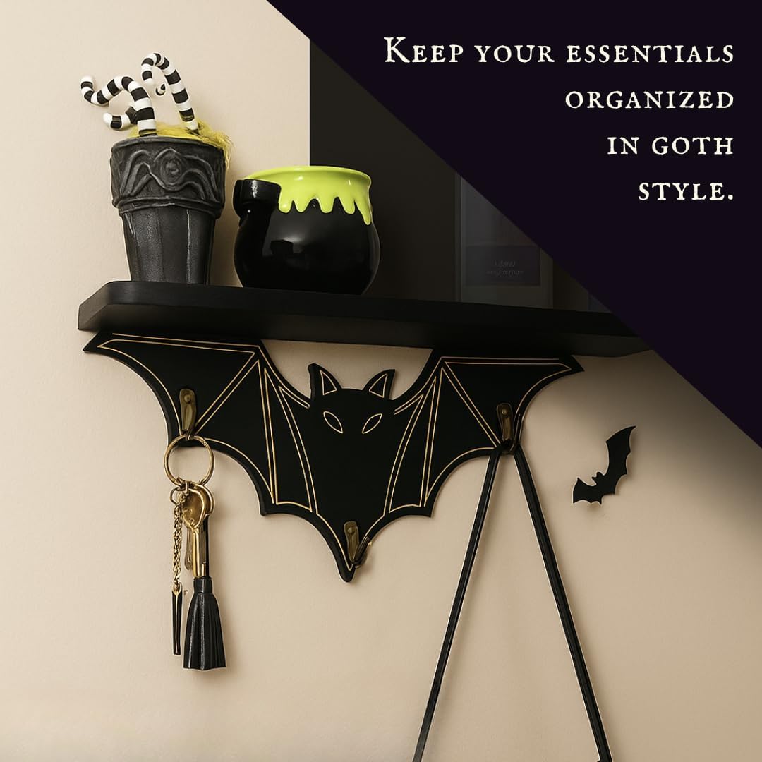 Gothic Bat Shelf Wall Decor with Hooks