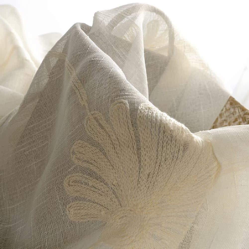 White Sheer Linen Cotton Thread Embroidery Panel Curtains 100x102 Inch