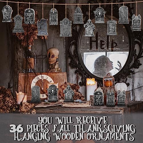 Huwena 36 Pcs Halloween Wooden Hanging Ornaments Set