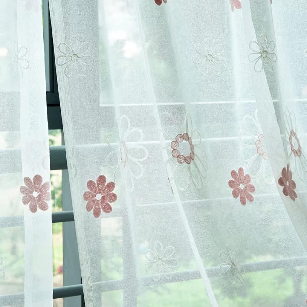 Small Flower Embroidery Sheer Curtains 2 Panels Pink Rod Pocket