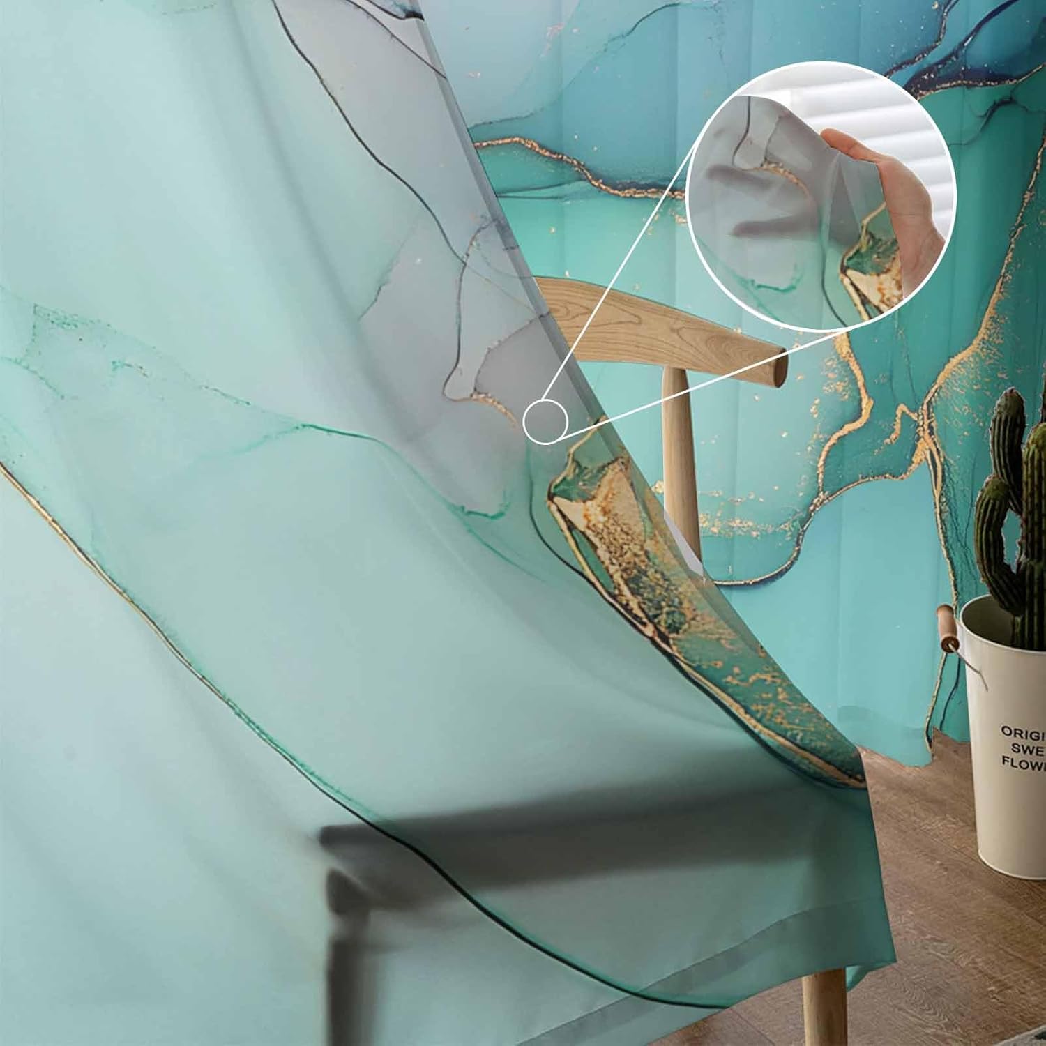 Marble Blue Green Sheer Curtains 84 Inch 2 Panels Set