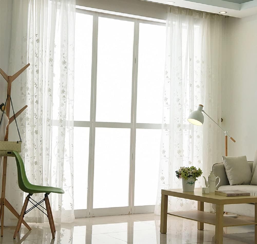 Semi Sheer Curtains with White Flowers 2 Panels